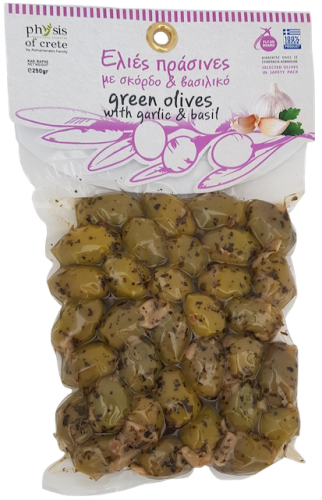 Physis of Crete pitted green olives with garlic and basil, 250g
