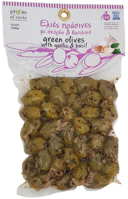 Physis of Crete pitted green olives with garlic and basil, 250g