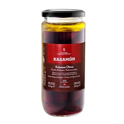 Sakellaropoulos Kalamata olives marinated in extra virgin unpasteurised premium olive oil, 250 g, organic