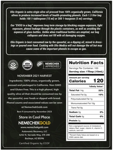 Nemechek Gold Olio Organic EVOO 750ml BAG COOC – image 2