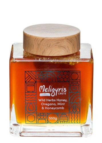 Meligyris honey from Crete with wild herbs, oregano, mint and honeycomb 550g Sale BB.10.2026