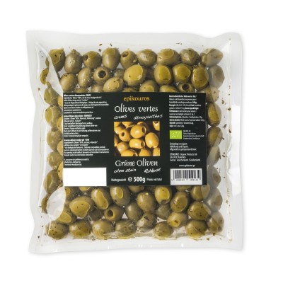 Epikouros pitted green olives, packed in a protective atmosphere, 500g, organic