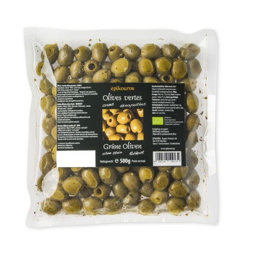 Epikouros pitted green olives, packed in a protective atmosphere, 500g, organic