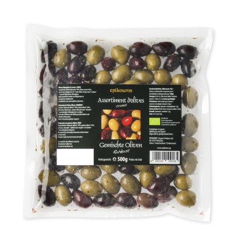 Epikouros mixed pitted olives, packed in a protective atmosphere, 500g, organic