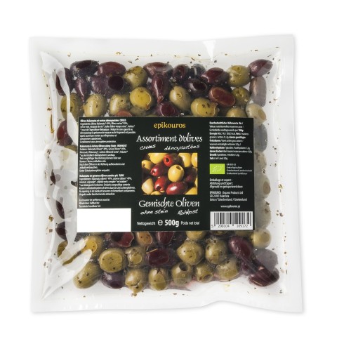 Epikouros  mixed pitted olives, packed in a protective atmosphere, 500g, organic