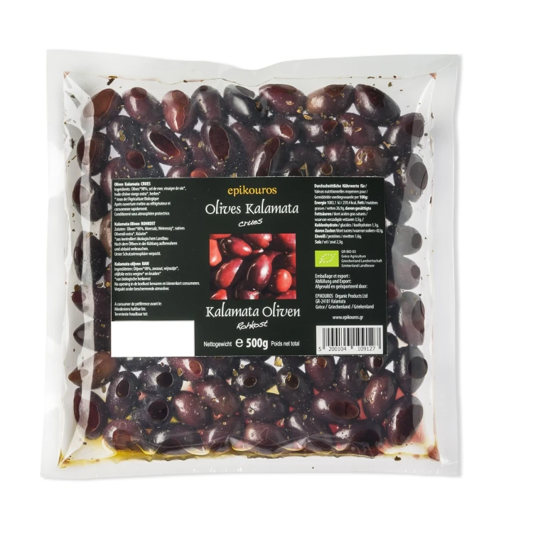 Epikouros pitted Kalamata olives, packed in a protective atmosphere, 500g, organic