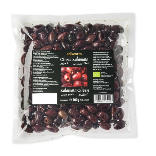 Epikouros pitted Kalamata olives, packed in a protective atmosphere, 500g, organic
