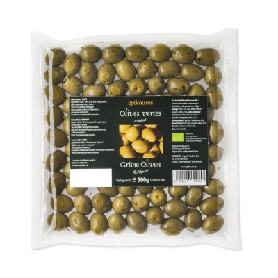 Epikouros green pitted olives, packed in a protective atmosphere, 500g, organic